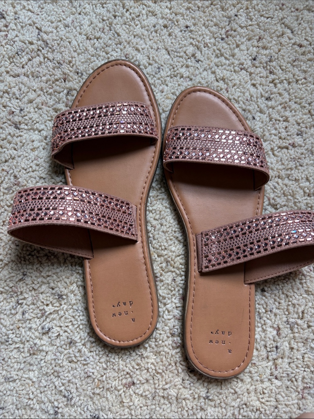 Women's Embellished Tan Slide Sandals